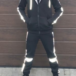 Заказать по скидке Спортивный костюм на меху со светоотражающими вставками (размер 46-52) для мужчин черного цвета