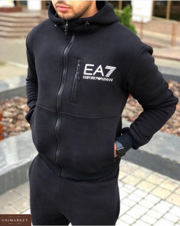 Купить выгодно мужской спортивный костюм EA7 из трехнити на флисе (размер 48-52) черного цвета