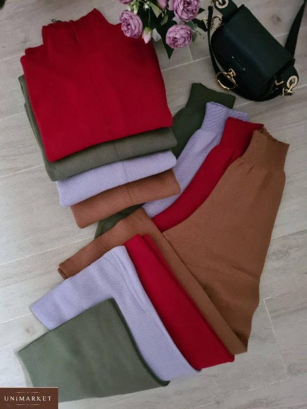 Приобрести оливковый, красный, белый, мокко костюм машинной вязки: свитер +широкие штаны дешево для женщин