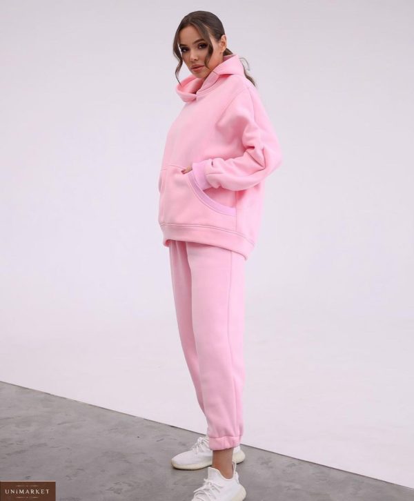 Купить онлайн розовый женский утепленный спортивный костюм с капюшоном