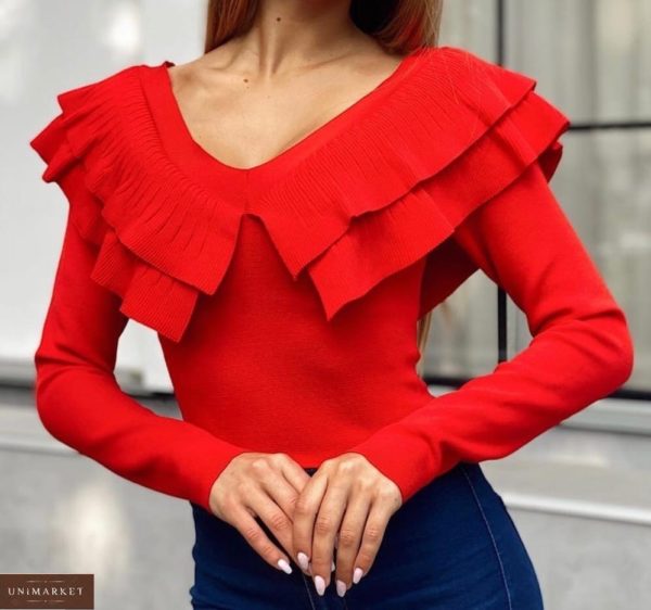 Купить красную женскую Кофту с рюшами и открытыми плечами онлайн