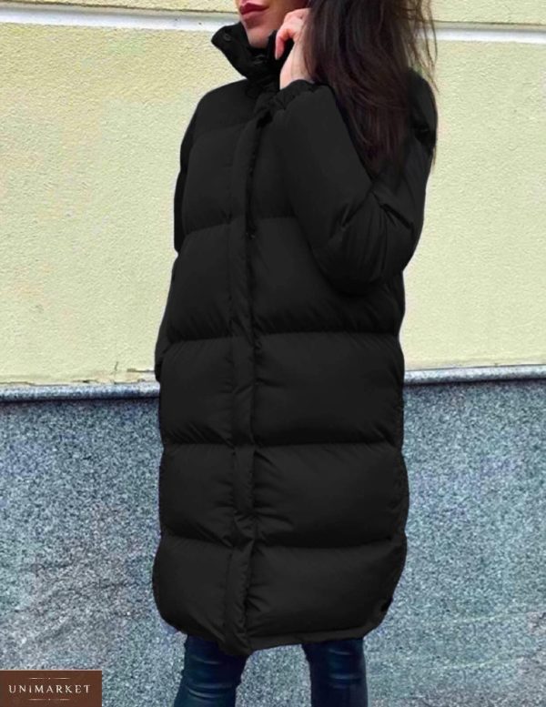 Приобрести черную водоотталкивающую длинную куртку на синтепоне (размер 42-48) онлайн для женщин