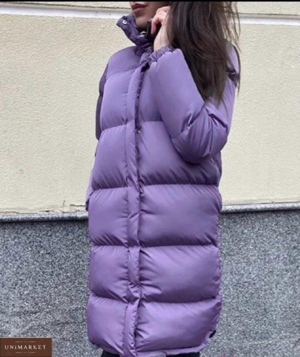 Купить цвета фиолет водоотталкивающую длинную куртку на синтепоне (размер 42-48) по скидке для женщин
