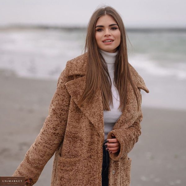 Купить мокко женское зимнее пальто из каракуля с утеплителем в интернете