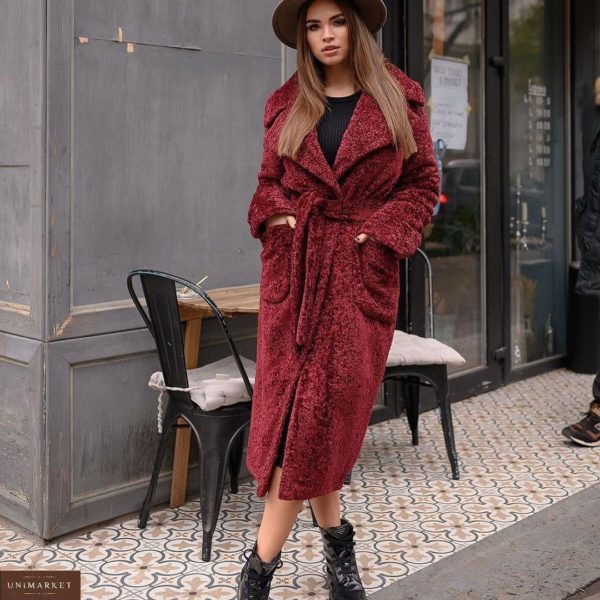 Заказать бордовое зимнее пальто для женщин из каракуля с утеплителем недорого