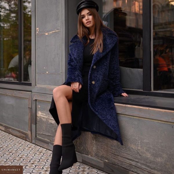 Замовити онлайн недорого зимове пальто з каракуля з утеплювачем для жінок синього кольору