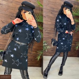 Приобрести черное трикотажное платье-туника со звездами с принтом женское онлайн