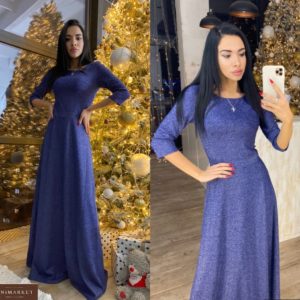 Заказать синее трикотажное женское платье в пол с люрексом онлайн