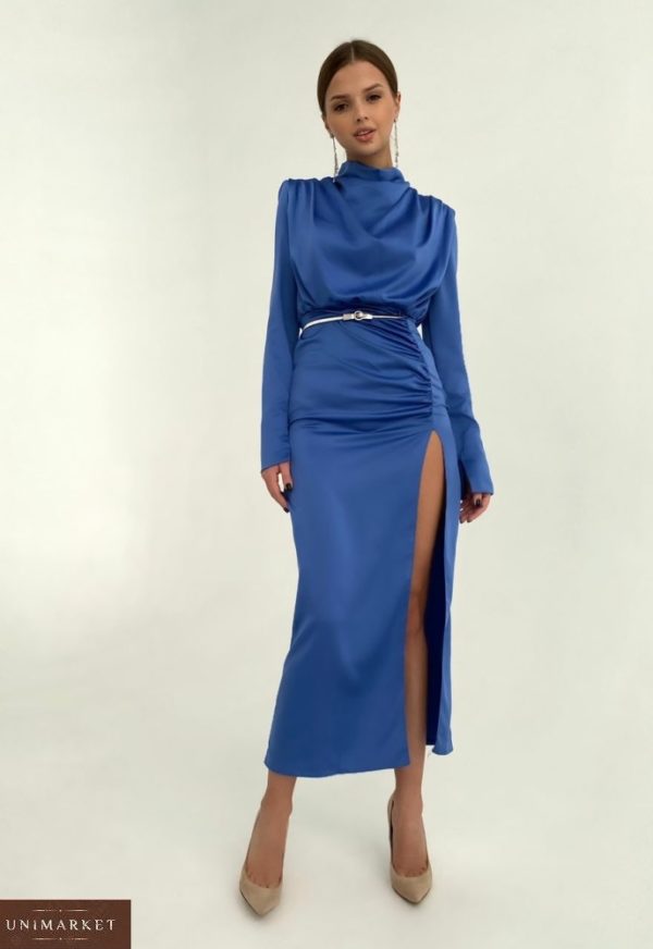Купить в интернете женское вечернее платье с поясом и разрезом голубого цвета недорого