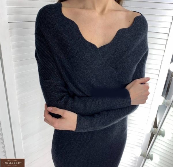 Купить женское теплое трикотажное платье черное с добавлением шерсти дешево