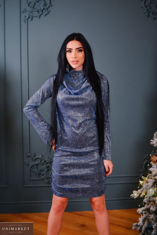 Придбати жіночу вечірню сукню зі складанням на грудях синього кольору за низькими цінами