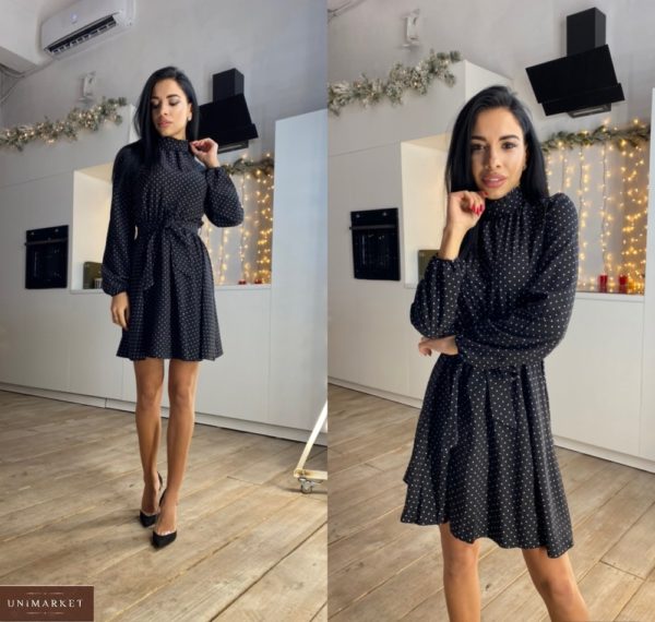 Купить черного цвета закрытое женское платье мини с поясом (размер 42-50) недорого