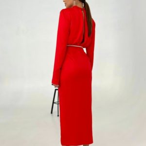 Придбати вигідно жіноче вечірнє плаття з поясом і розрізом червоного кольору