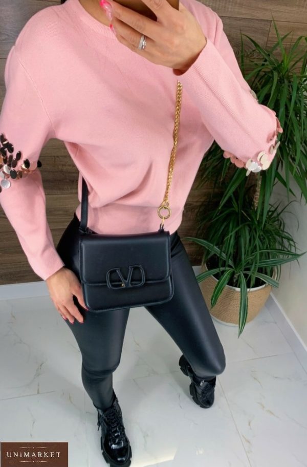Купить розовый женский свитер летучая мышь с крупными пайетками недорого