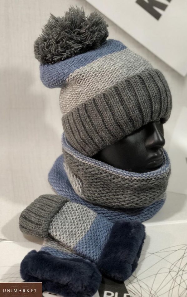 Купить голубой зимний набор для женщин тройка: шапка, шарф и варежки по скидке