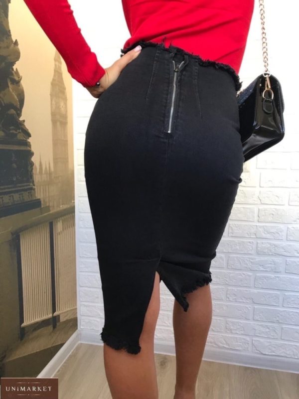 Придбати чорну жіночу джинсову спідницю міді з корсетній вставкою в інтернеті