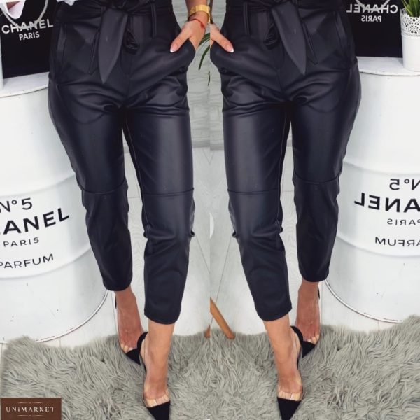 Купить недорого женские укороченные брюки из эко кожи с поясом (размер 46-48) черного цвета