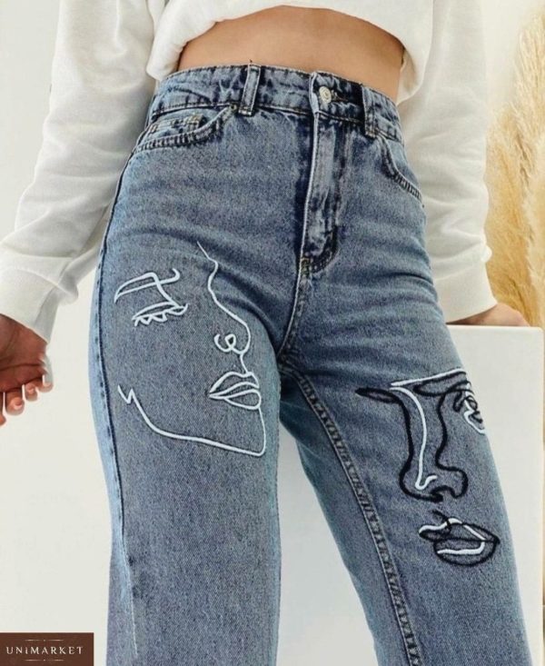 Приобрести дешево женские джинсы мом с вышивкой и высокой талией голубые
