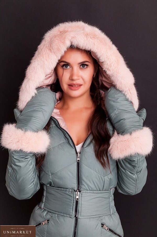 Купити недорого жіночий двосторонній зимовий комбінезон з хутром кролика + пояс і рукавиці (розмір 42-48) сіро-рожевий