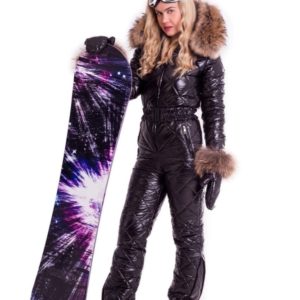 Придбати чорний жіночий зимовий комбінезон з натуральним хутром єнота + пояс і рукавиці (розмір 42-50) вигідно
