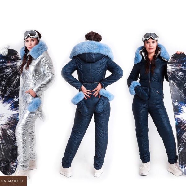 Замовити сріблясто-синій двосторонній зимовий комбінезон з хутром кролика + пояс і рукавиці (розмір 42-48) для жінок онлайн