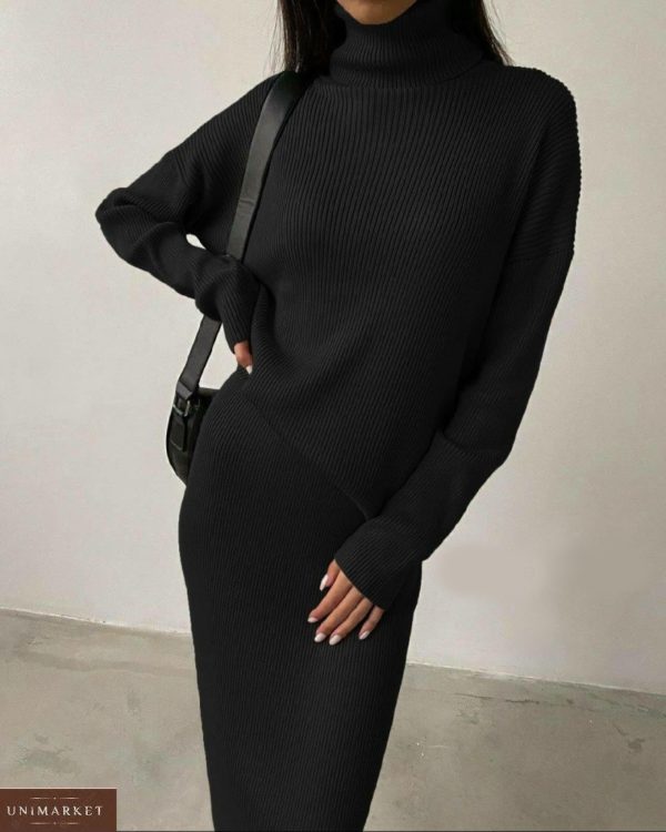 Замовити жіночий трикотажний чорний костюм зі спідницею і гольфом онлайн