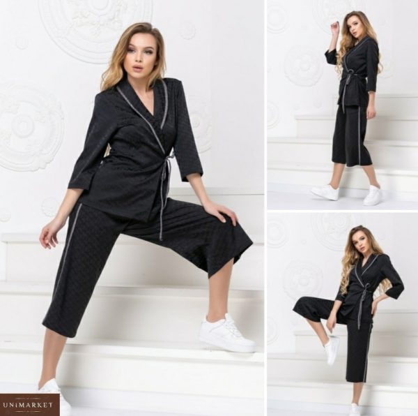 Замовити жіночий чорний домашній костюм з кольоровим сріблястим кантом (розмір 42-56) недорого