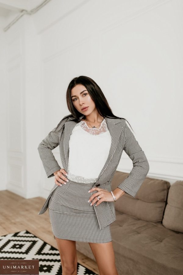 Заказать серый костюм: пиджак +мини юбка женский (размер 42-48) дешево