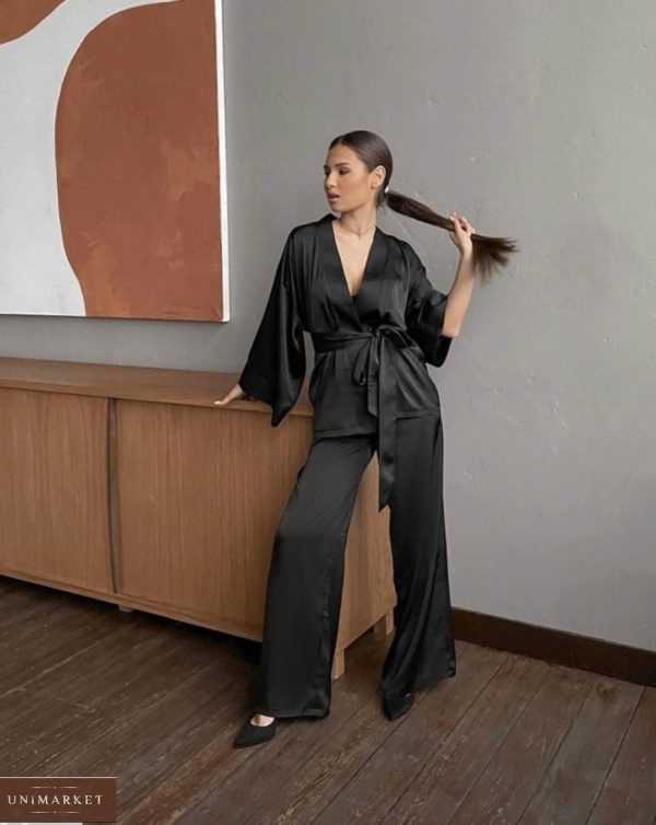Заказать онлайн женский черный костюм из шелка армани с поясом