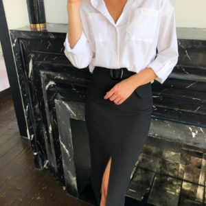 Замовити в інтернеті жіночий класичний костюм: біла сорочка + спідниця чорного кольору олівець з поясом