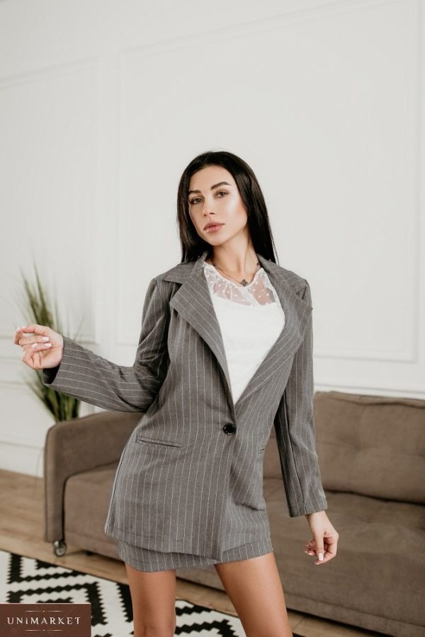 Замовити онлайн жіночий костюм: піджак + міні спідниця (розмір 42-48) світло-сірого кольору