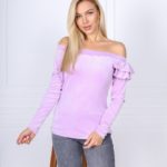 Заказать лилового цвета бархатную кофту с открытыми плечами и рюшей (размер 42-52) для женщин в Украине