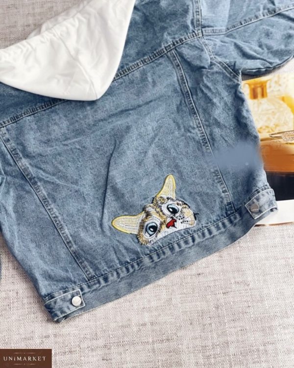 Приобрести голубую куртку джинсовую oversize с вышивкой кот для женщин онлайн