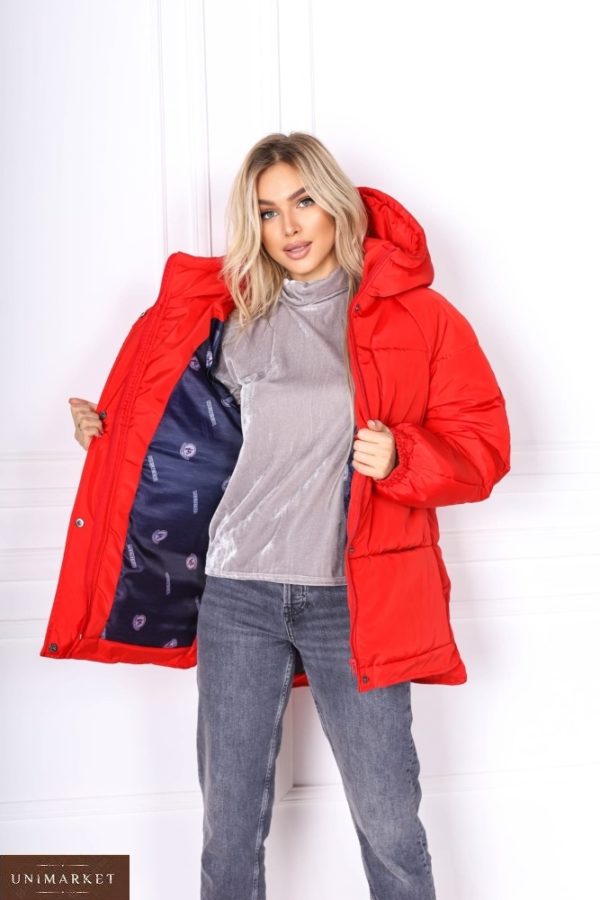 Купити онлайн жіночу куртку oversize червоного кольору з рукавом реглан (розмір 42-48) дешево