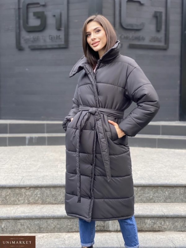 Купити чорного кольору жіночу довгу утеплену куртку з поясом (розмір 42-48) в інтернеті