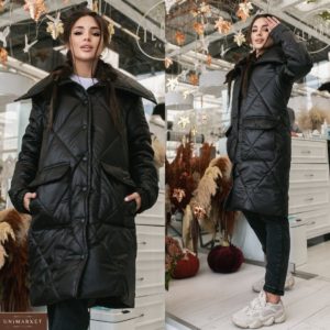Купить черную объемную куртку на зиму с двойными карманами (размер 42-52) женскую недорого