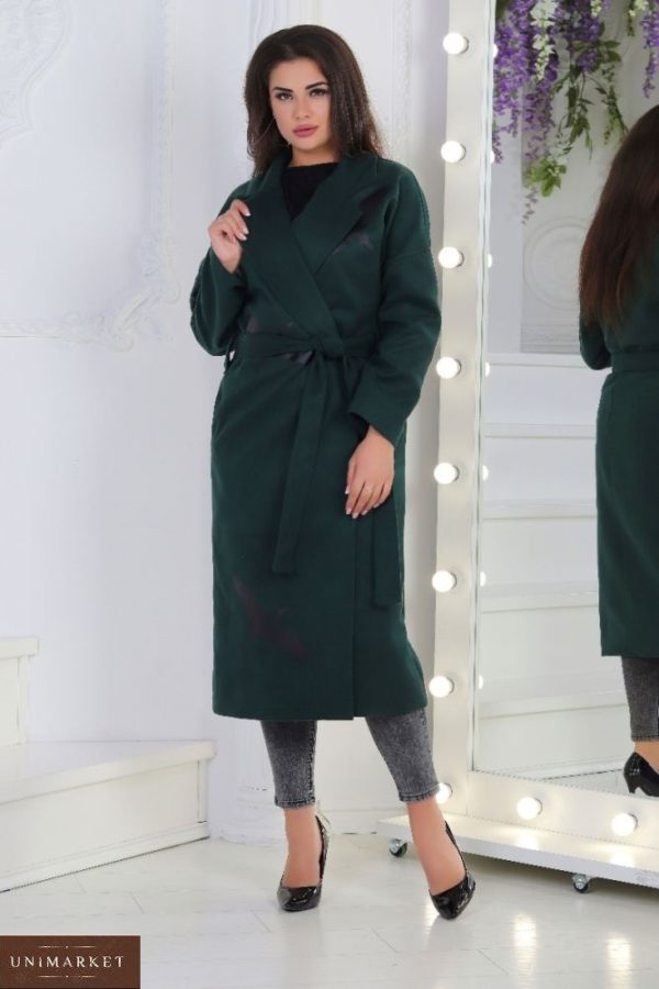 Купити смарагдове жіноче кашемірове пальто з принтом журавлі (розмір 42-56) дешево