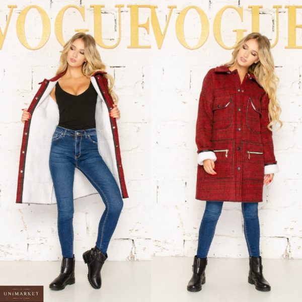 Заказать женское пальто красного цвета в клетку на меху (размер 42-56) недорого