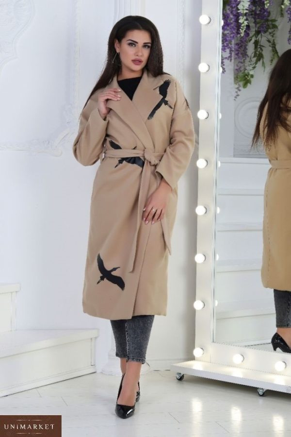 Придбати кольору мокко кашемірове пальто жіноче з принтом журавлі (розмір 42-56) вигідно