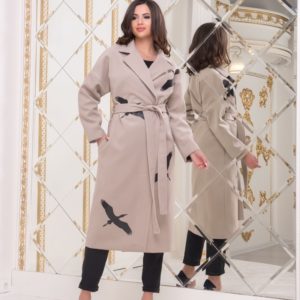 Заказать женское кашемировое пальто бежевого цвета с принтом журавли (размер 42-56) недорого