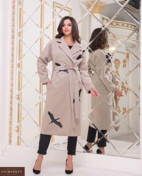 Замовити жіноче кашемірове пальто бежевого кольору з принтом журавлі (розмір 42-56) недорого