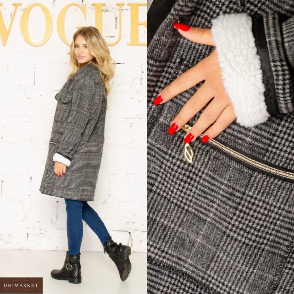 Придбати сіре пальто в клітку на хутрі (розмір 42-56) для жінок в інтернеті