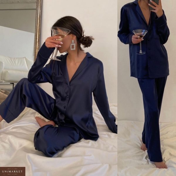 Приобрести синюю женскую пижаму с поясом из шелка армани (размер 42-52) по скидке