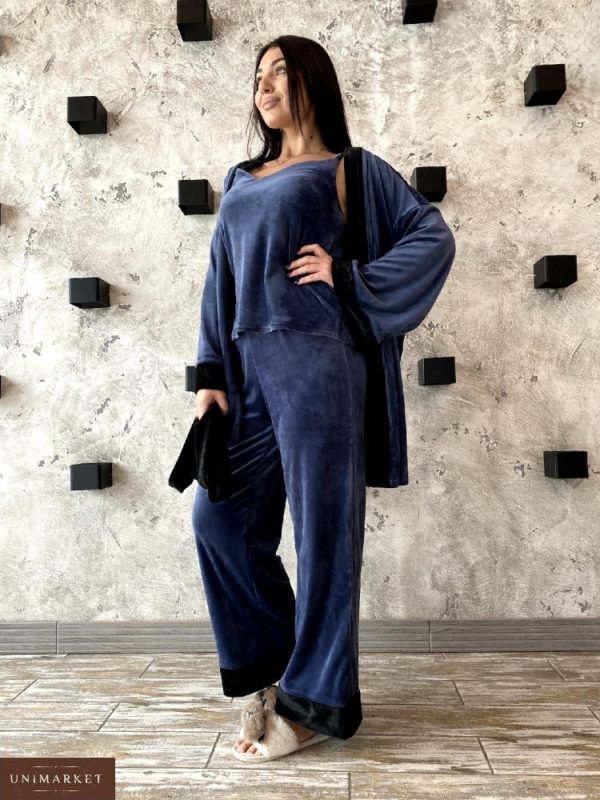 Приобрести уютную пижаму тройка синего цвета из велюра (размер 42-48) для женщин по скидке
