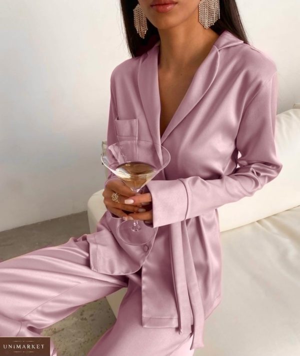 Купить пижаму женскую с поясом из шелка армани (размер 42-52) цвета пудра недорого