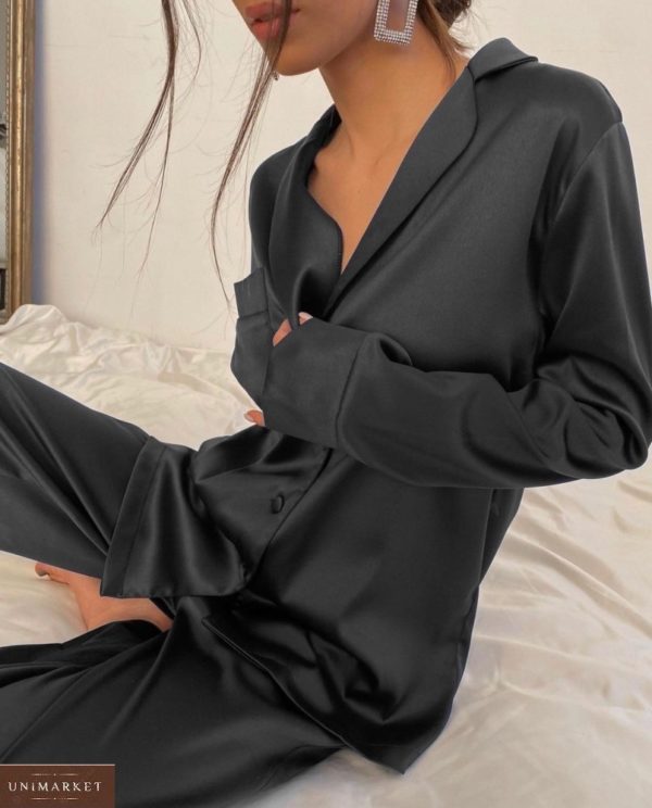 Заказать черную женскую пижаму с поясом из шелка армани (размер 42-52) в интернете
