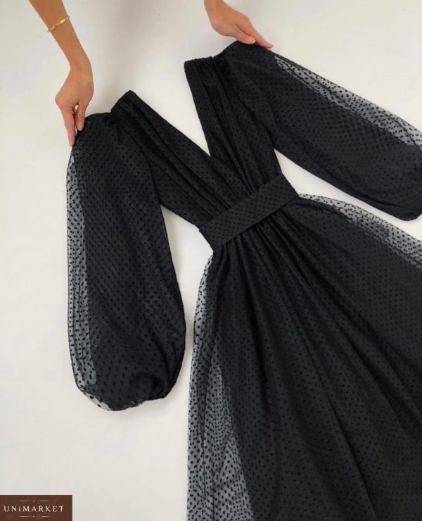 Замовити чорне плаття для жінок з об'ємними рукавами з сіткою в горошок недорого