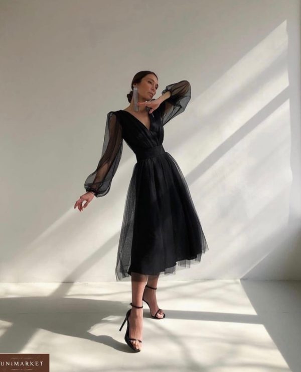 Придбати чорну жіночу сукню з об'ємними рукавами з сіткою в горошок в інтернеті