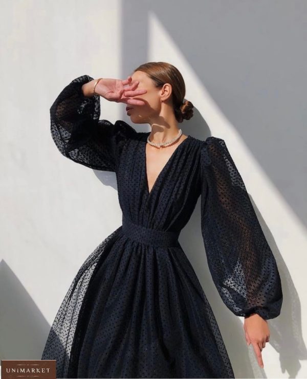Заказать женское платье с объемными рукавами черного цвета с сеткой в горошек в Украине