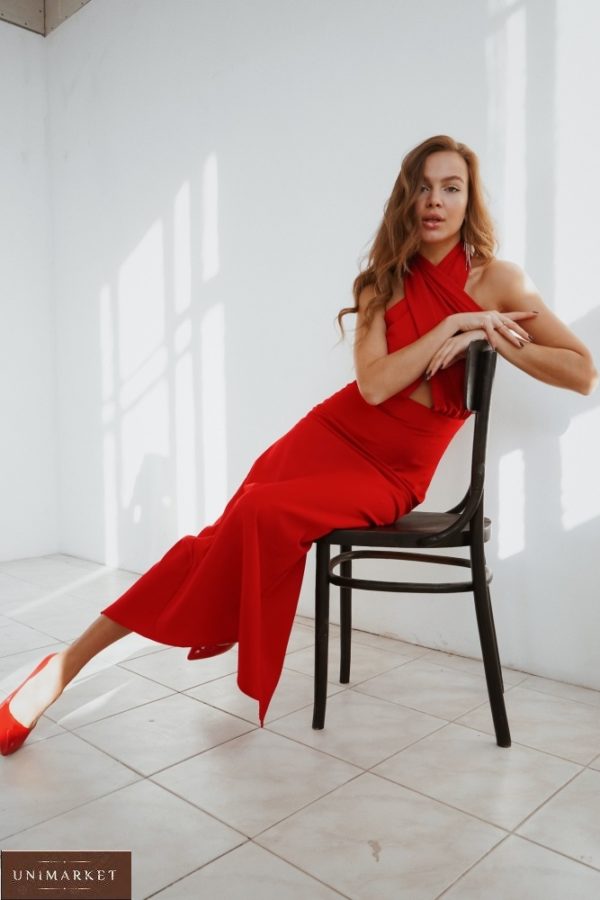 Заказать красное элегантное женское платье под шею (размер 42-48) по скидке